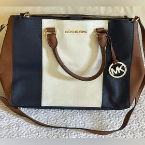 Michael Kors Tricolor Tote in Navy. Blue, White, and Brown with gold accents